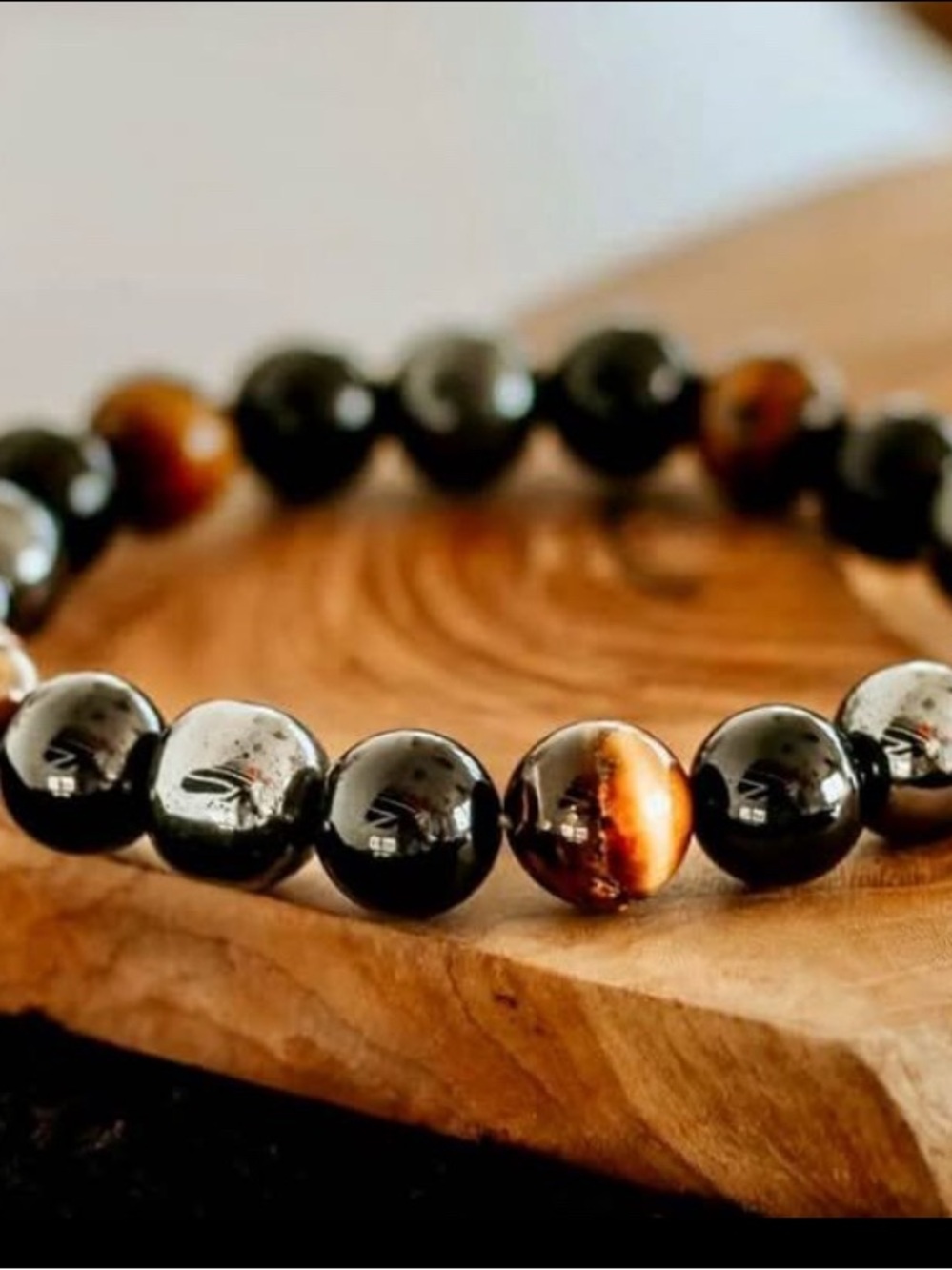 Beaded Stretch Bracelet with Black and Brown Tiger Eye Accents
